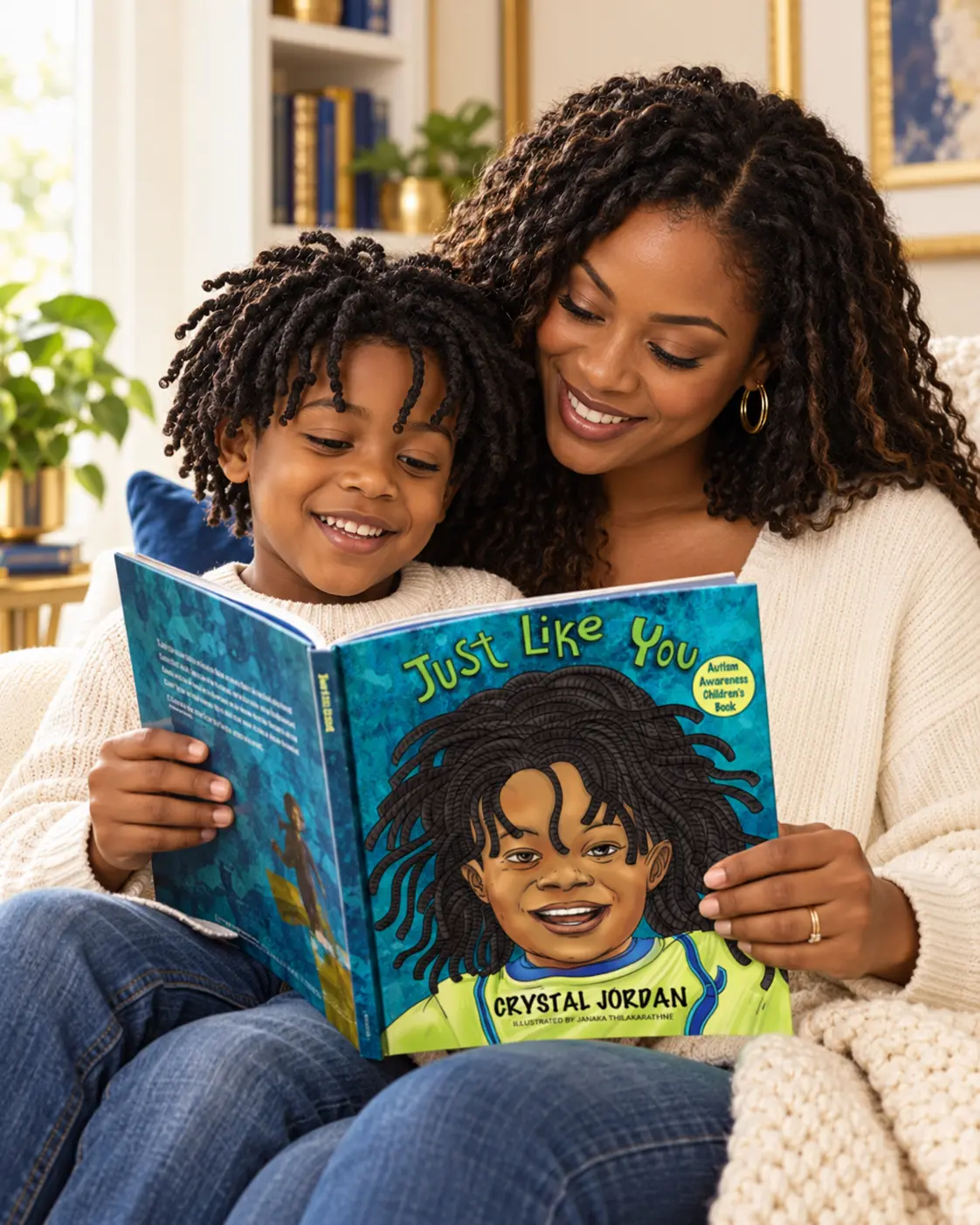 A Black mother and son reading Just Like You by Dr. Crystal Jordan together